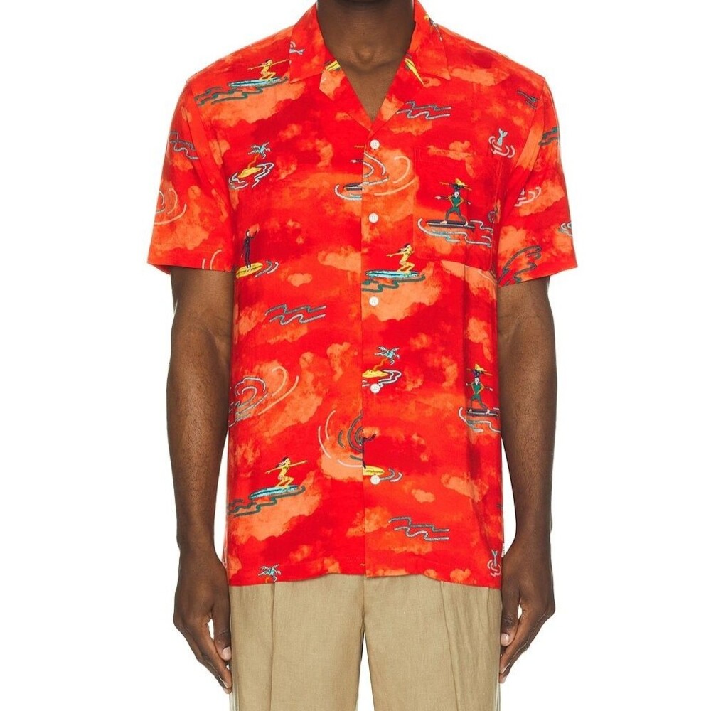 Scotch & Soda Men's Allover Printed Viscose Short Sleeve Shirt Orange XL